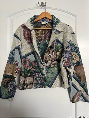 Paco Soler Vintage Bunny Print Jacket size M cottage core prairie art to wear